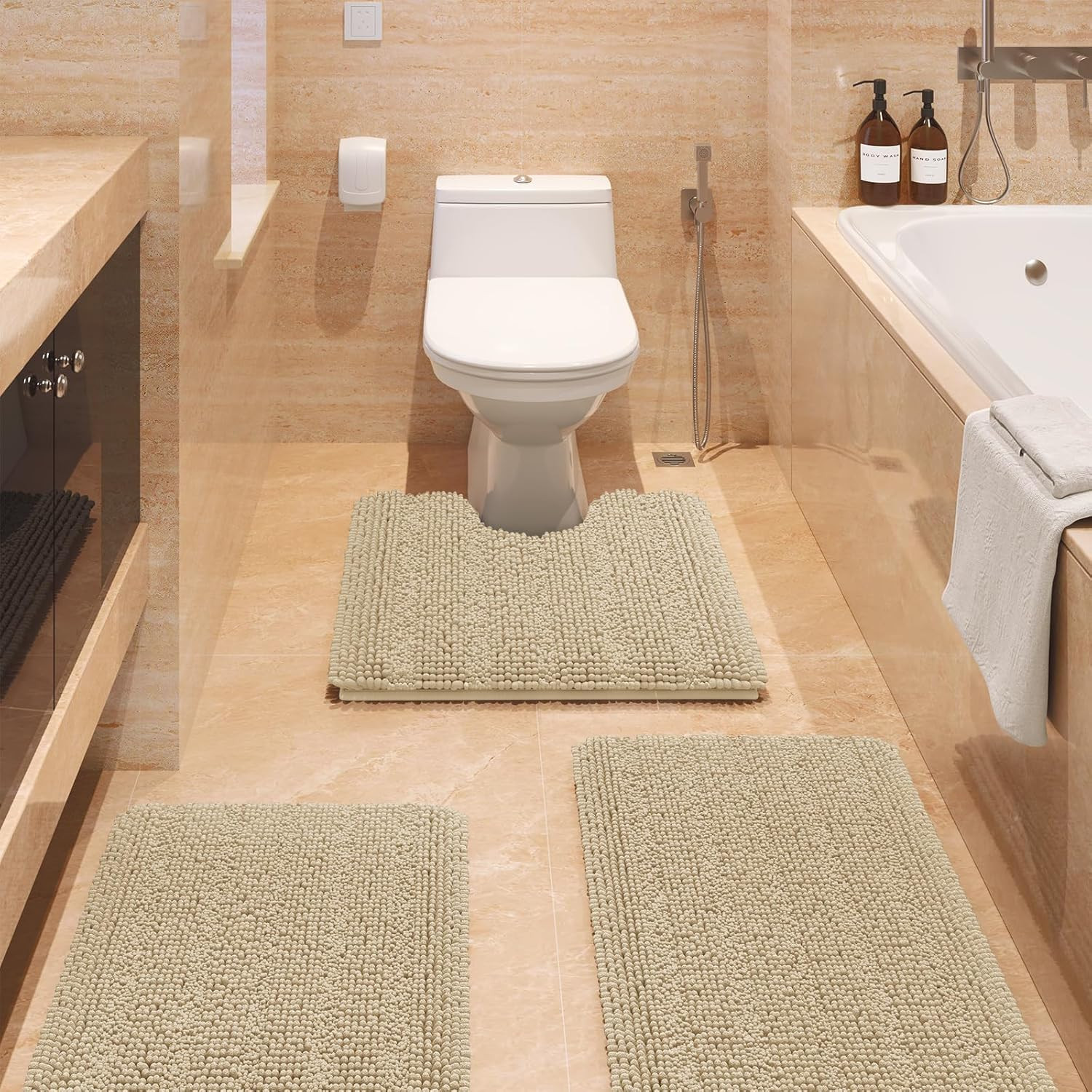 Striped Beige Bathroom Rug Set 3 Pieces Ultra Soft, Non Slip Chenille