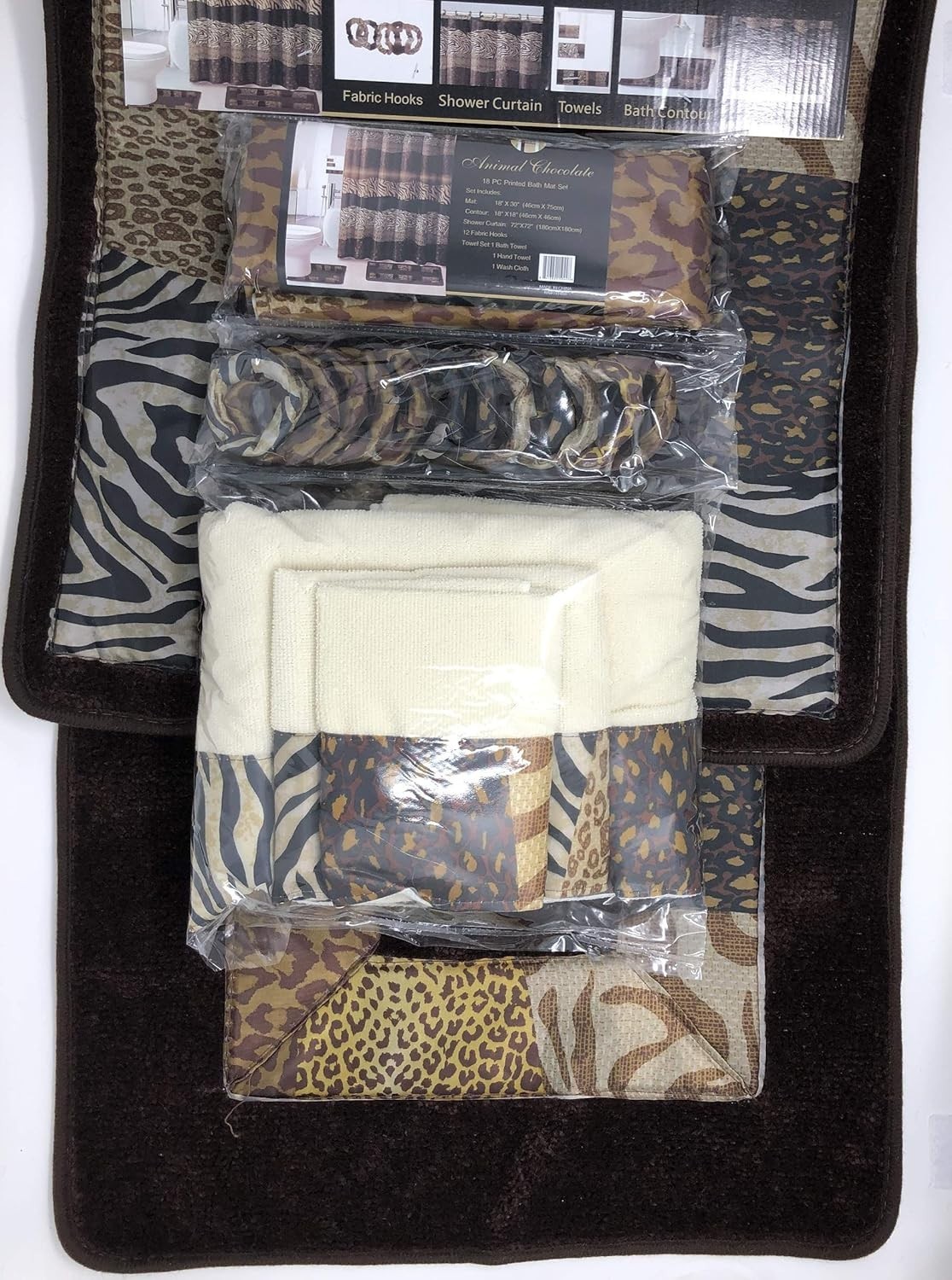 18-Piece Leopard Brown Bath Rug Set with Zebra Shower Curtain and Towel Set
