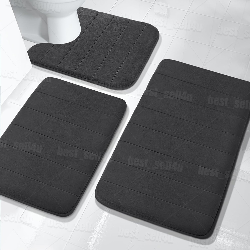 3PCS Solid Memory Foam Bathroom Bath Mat Contour Rug Set with Toilet Lid Cover