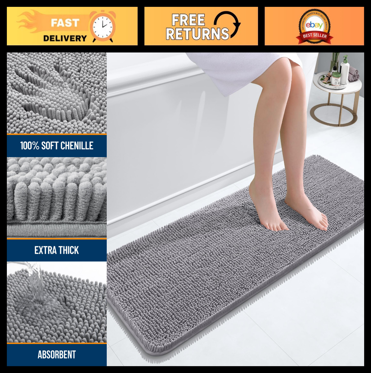Extra Soft Chenille Bathroom Runner Rug 47×17, Quick Dry, Machine Washable, Grey