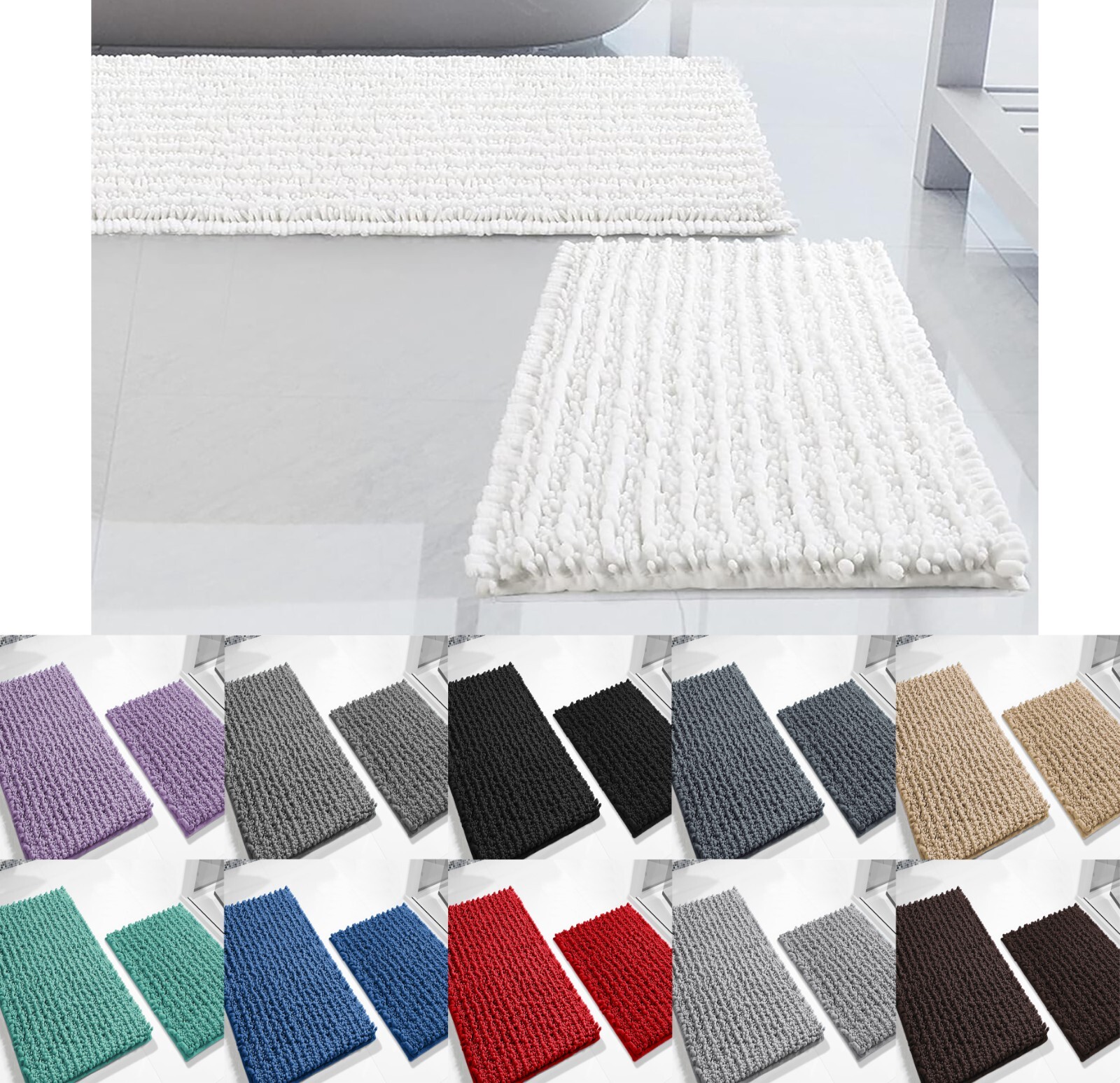 2 Piece Set Soft Cozy Plush Chenille Bath Mat Highly Absorbent Bathroom Rug