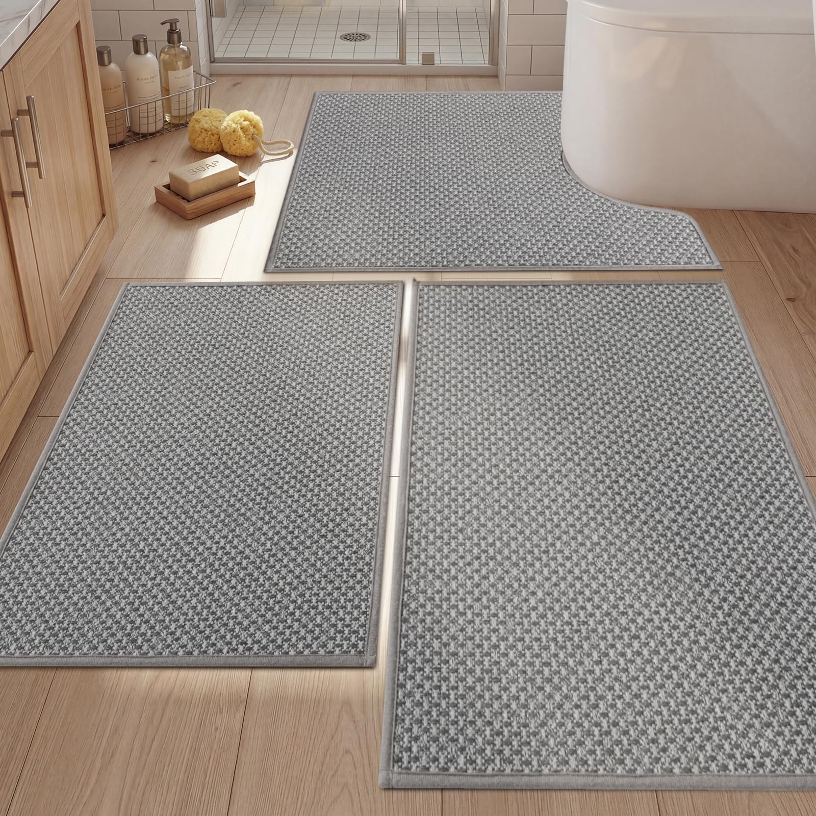 3 PCS Thin Bath Mat Set Grey Bathroom Rugs Non Slip Absorbent Quick Washable