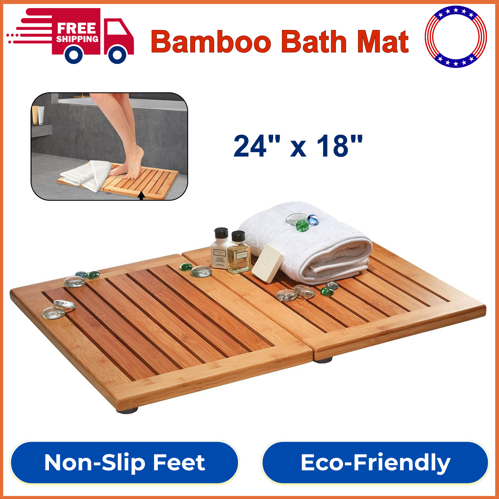 Bamboo Shower Floor Mat – Wood Bath Mat, Outdoor Shower Mat – Foldable, Non-Slip