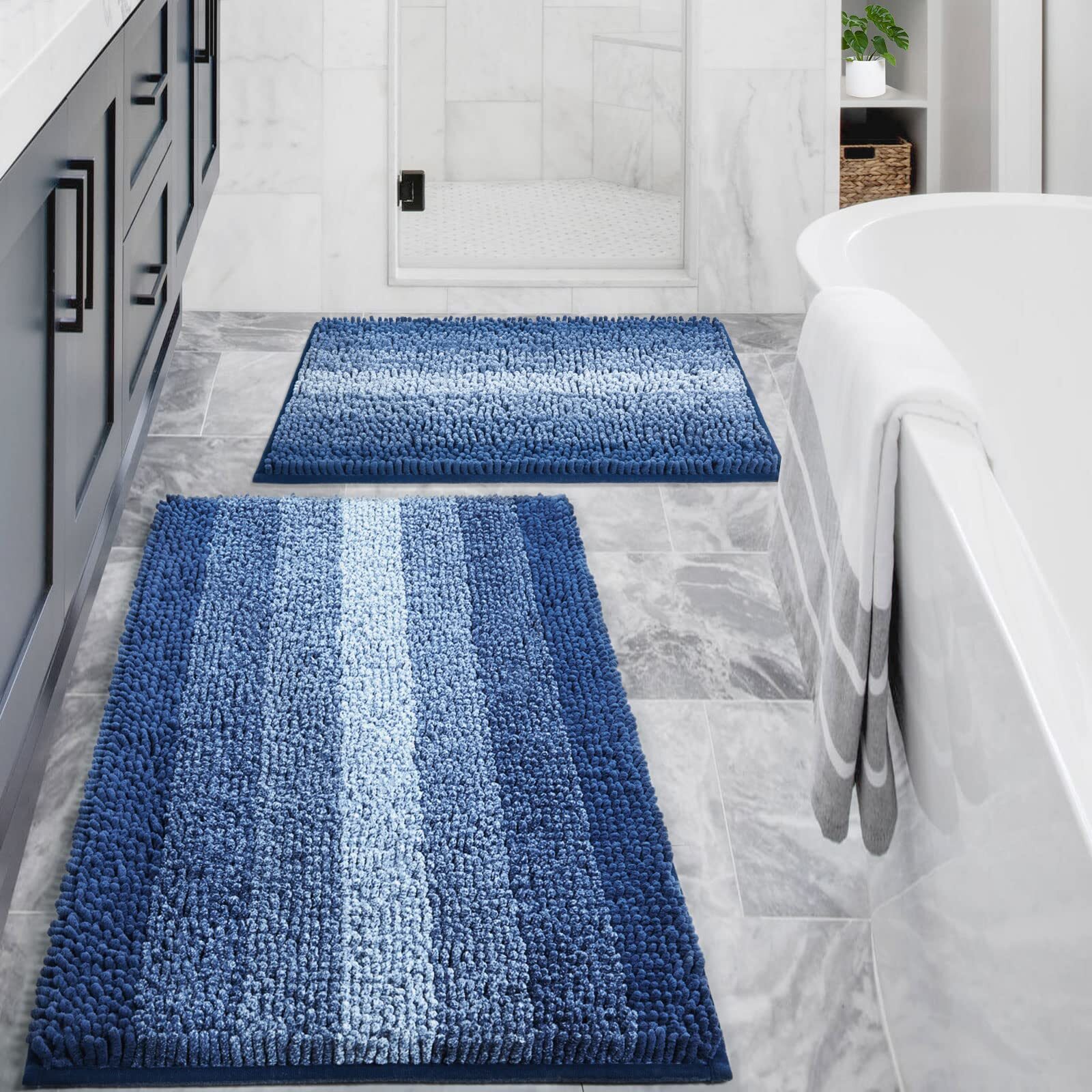 Blue Bathroom Rug Set 2 Piece Chenille Non Slip Bath Mat Set Absorbent Shower…