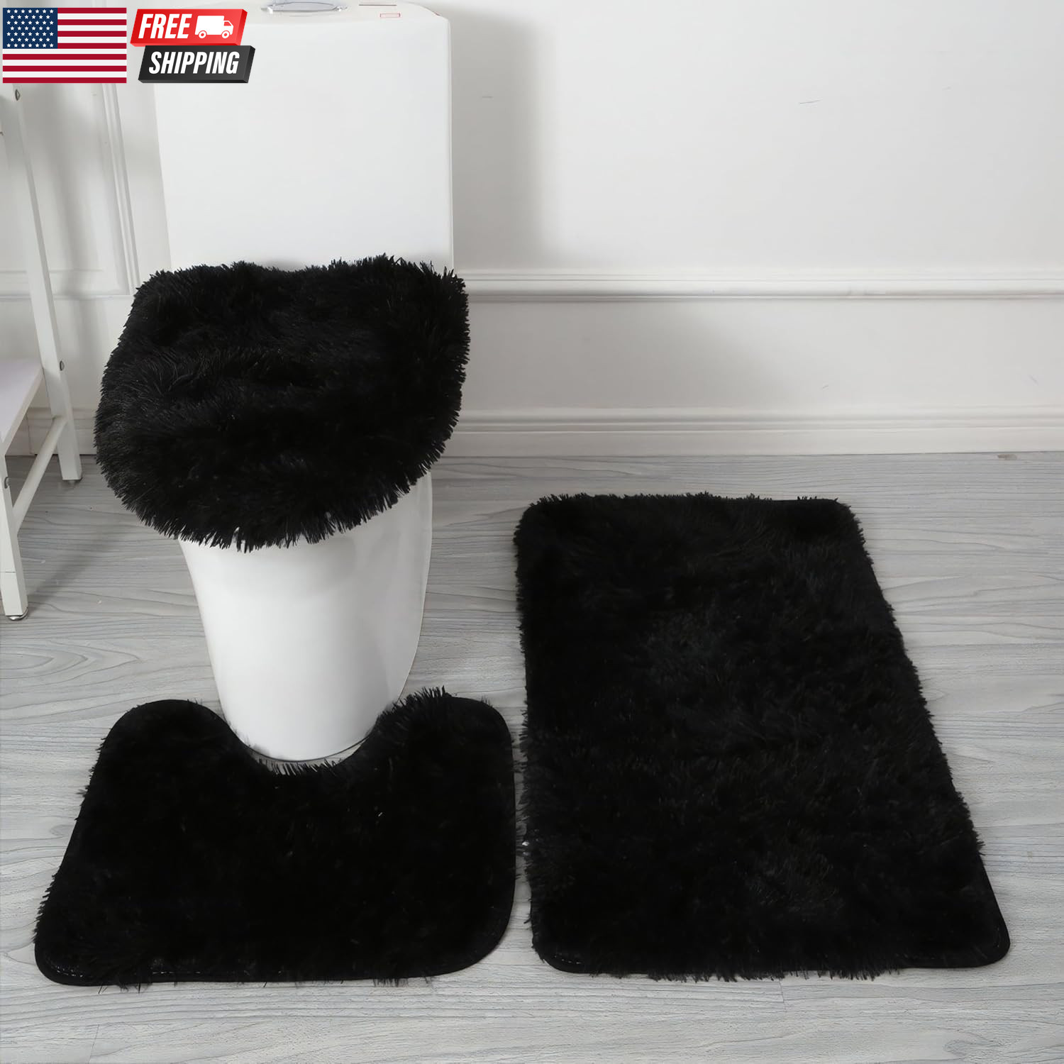 Black Bathroom Rugs Sets 3Piece Bath Mat Solid Bath Rug Floor Mats Washable Show