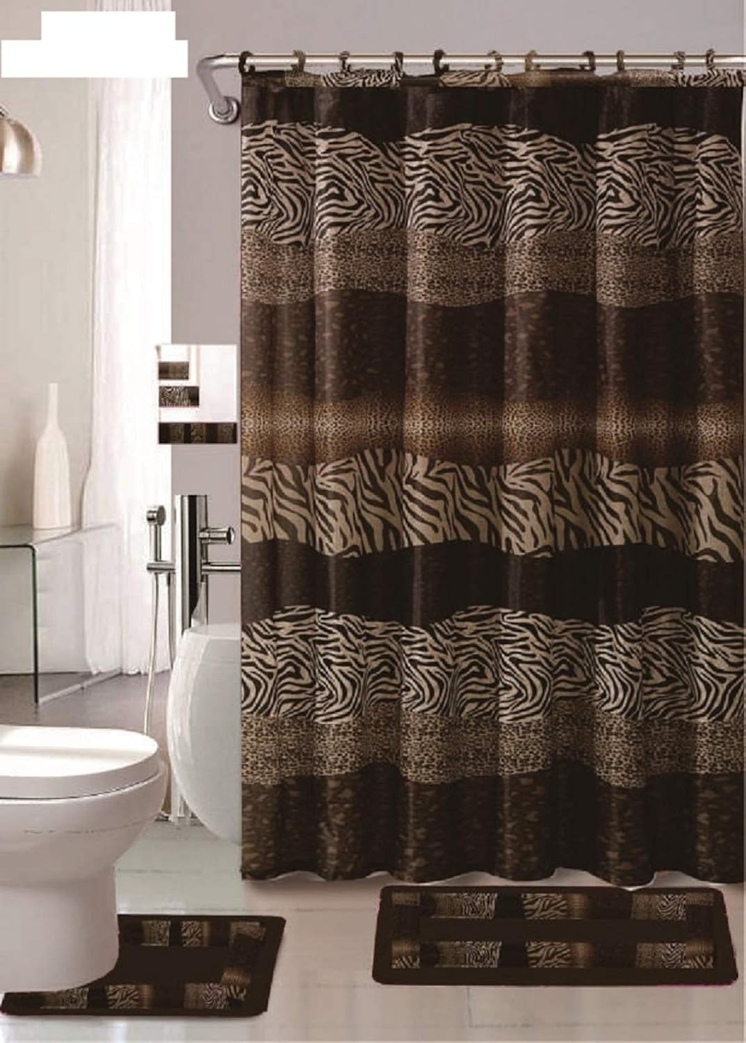 18-Piece Leopard Brown Bath Rug Set with Zebra Shower Curtain and Towel Set