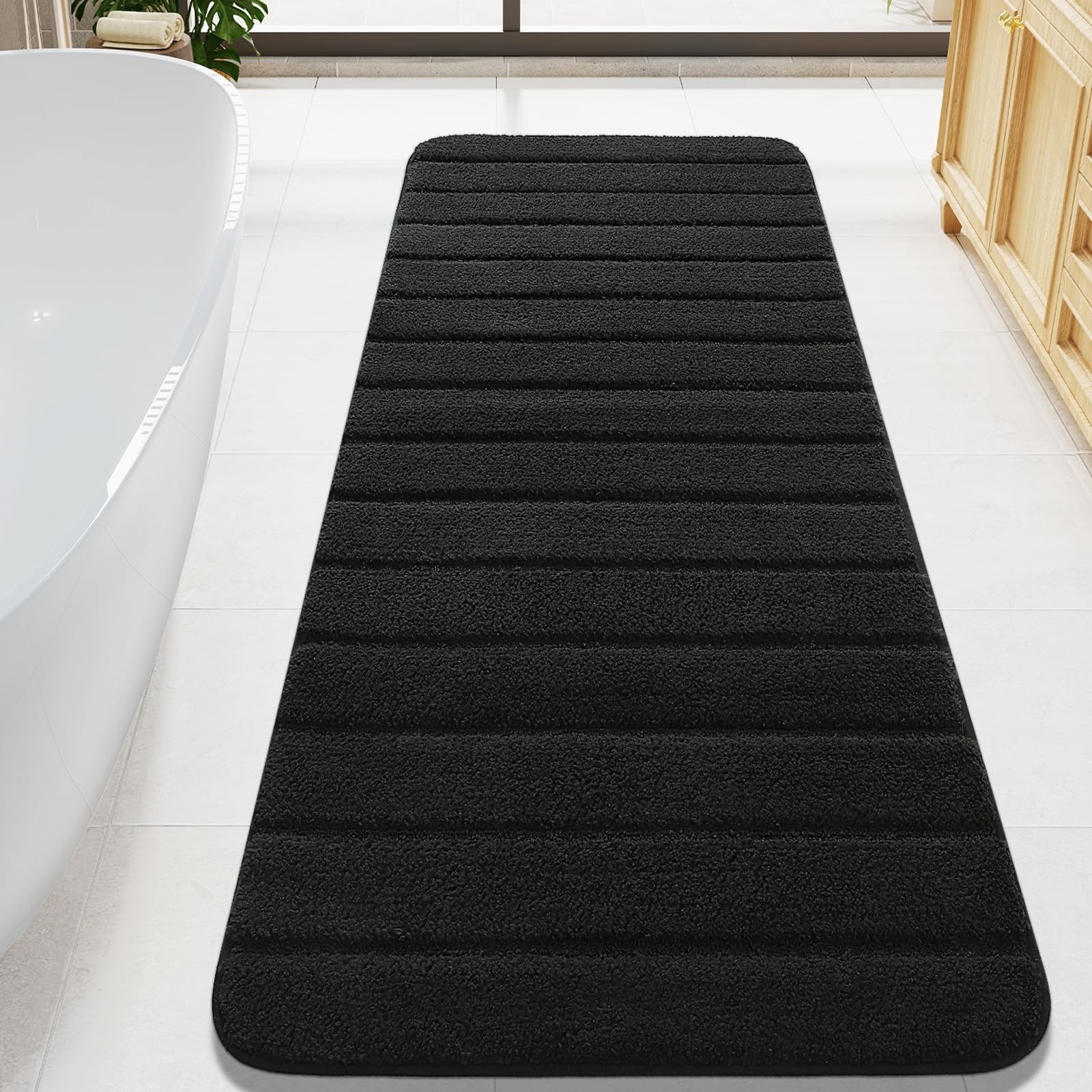 24×60 In Large Black Bathroom Rug Runner Non Slip Washable Absorbent Soft Rug