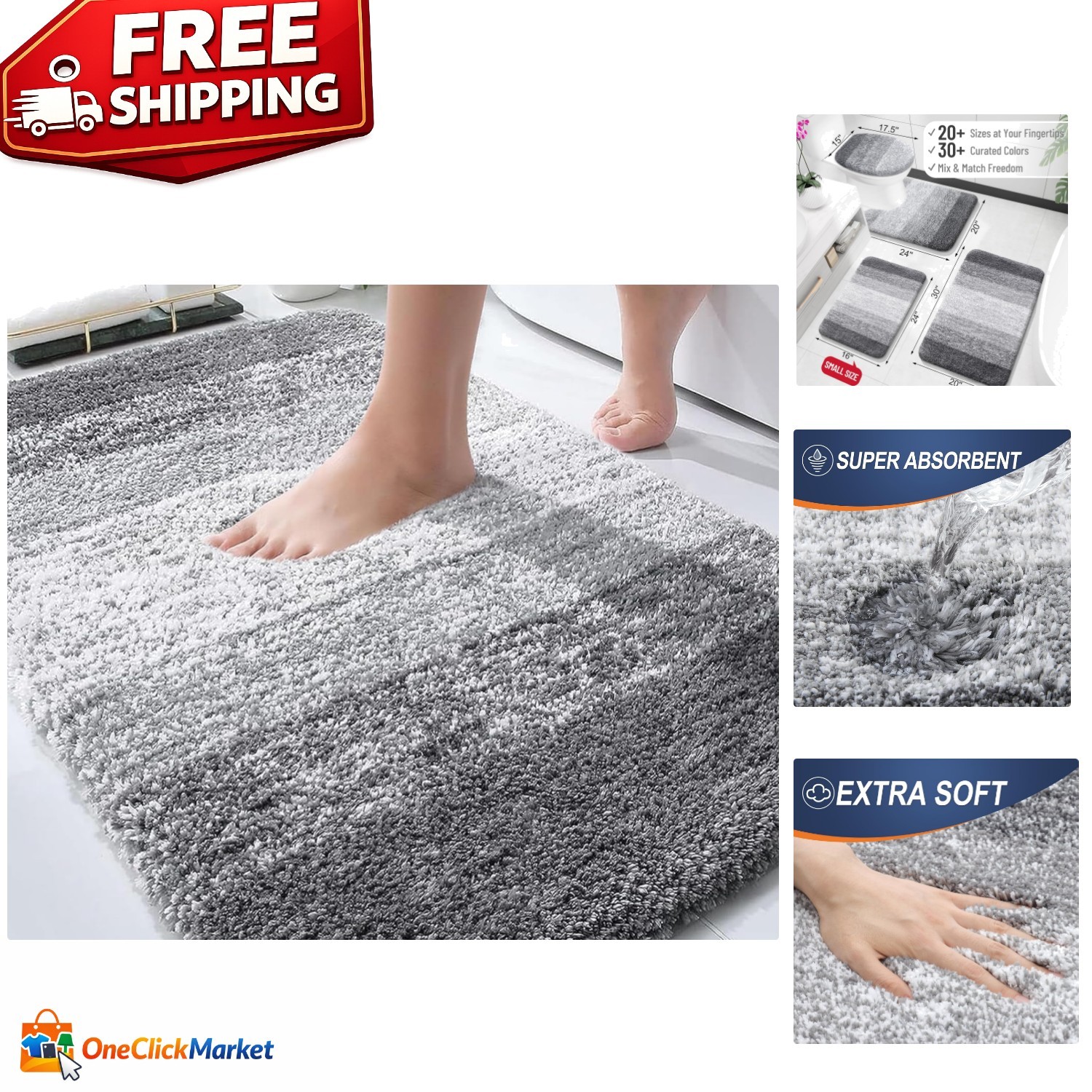 Elegant 30×20 Grey Bath Mat – Absorbent, Quick-Dry Microfiber for Modern Homes