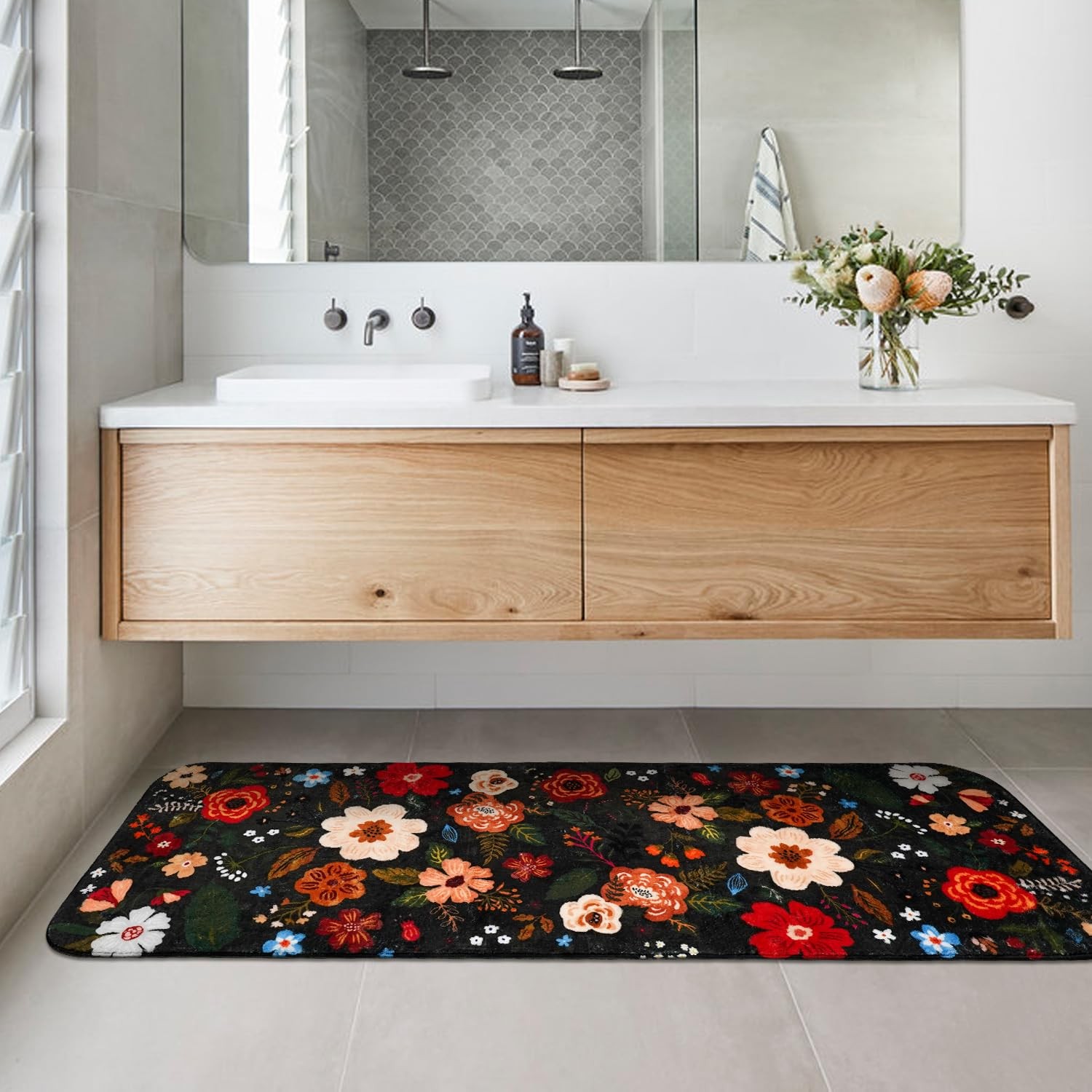 Floral Bathroom Rugs Large Long Bath Mat, Black Bathroom Runner Rugs 24 x 60 …