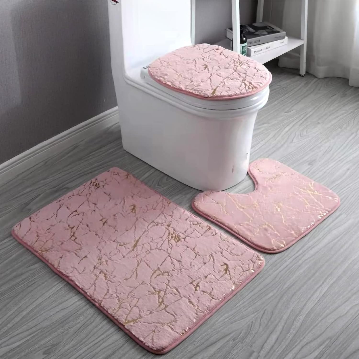 Marble Bathroom Rugs and Mats Set 3 Piece Nonslip Pink Bathroom Mats Soft…