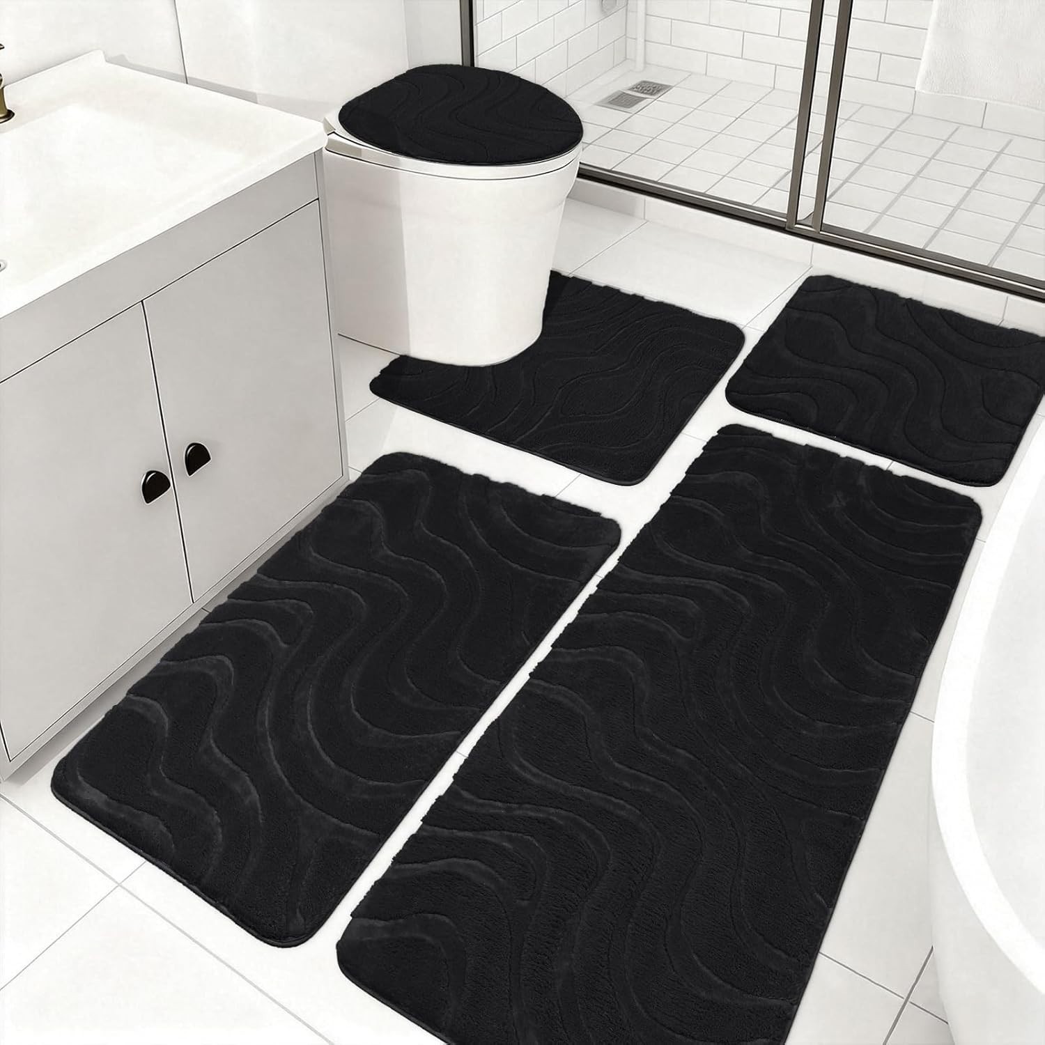 Bathroom Rugs Sets 5 PCS Soft Bath Mats with Toilet Cover & U-Shaped Contour Rug