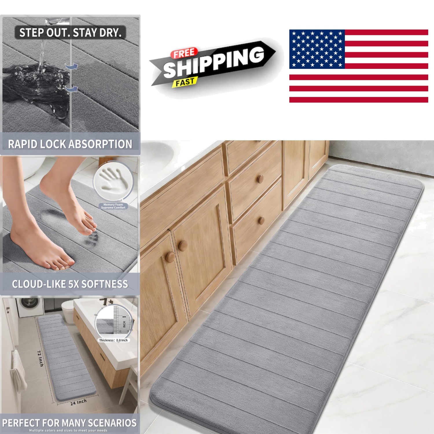 Durable Non Slip Bath Mat 72×24 Memory Foam Runner Rug for All Spaces Gray