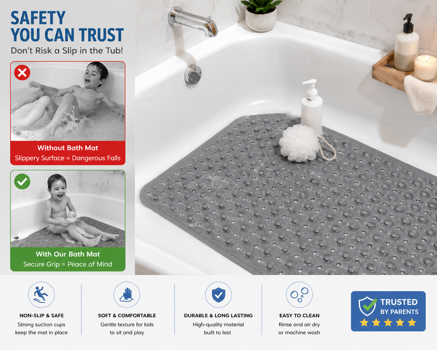 Premium Bathroom Shower Mat Anti Slip PVC Bath Tub Safety Mat Washable