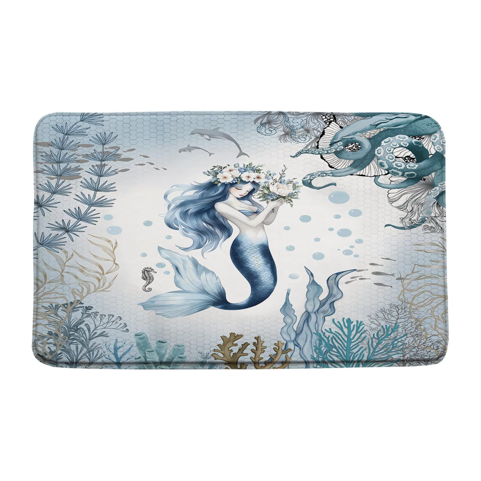 Mermaid Bath Mat Blue Ocean Octopus Coral Reef Fish Nautical Underwater Cute …