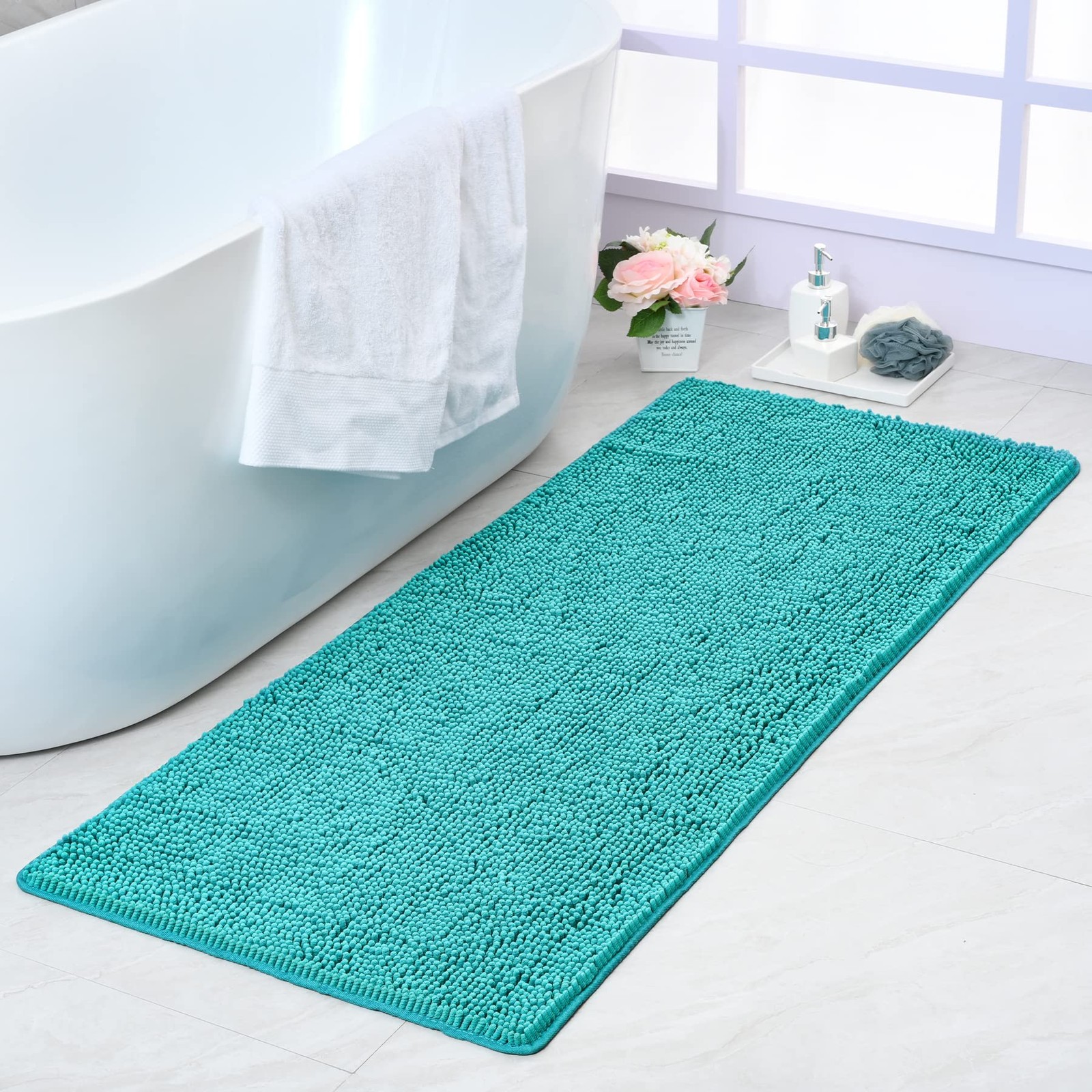 24×60 Inch Large Bathroom Runner Rug Chenille NonSlip Floor Mat Teal Blue