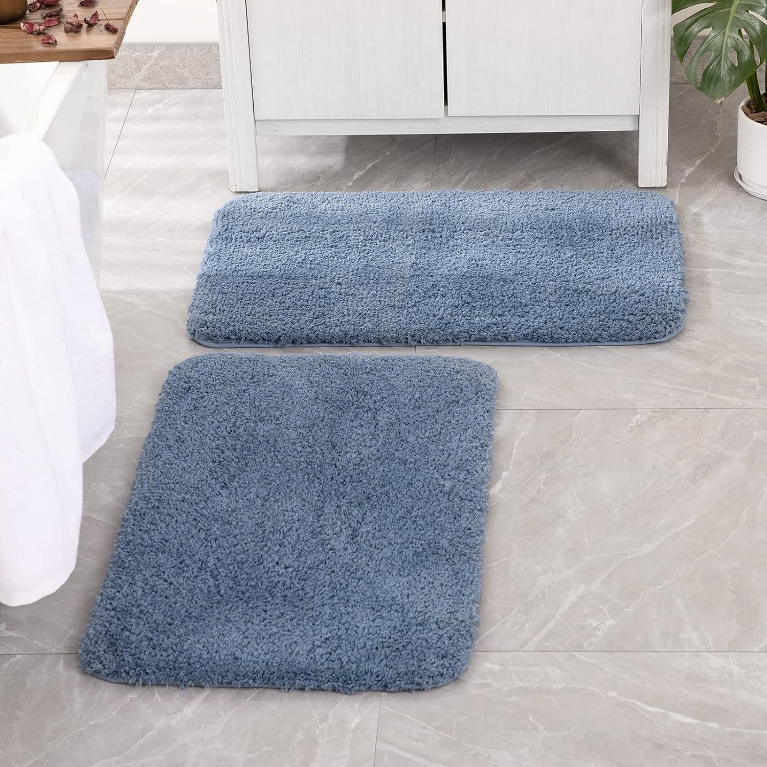 Dusty Blue Bathroom Rugs Set 2 Piece, Soft Absorbent Microfiber Bath Mat Set,…
