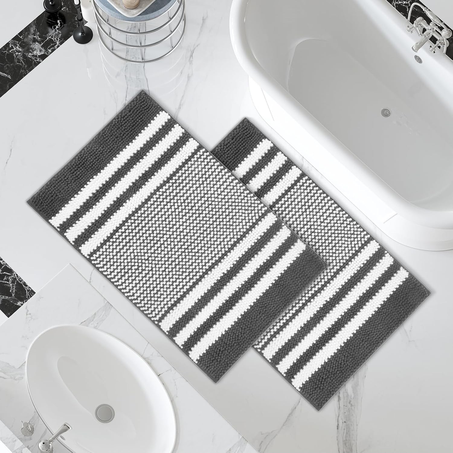 2 Piece Dark Gray Chenille Striped Bathroom Rugs Set Soft Absorbent Fluffy