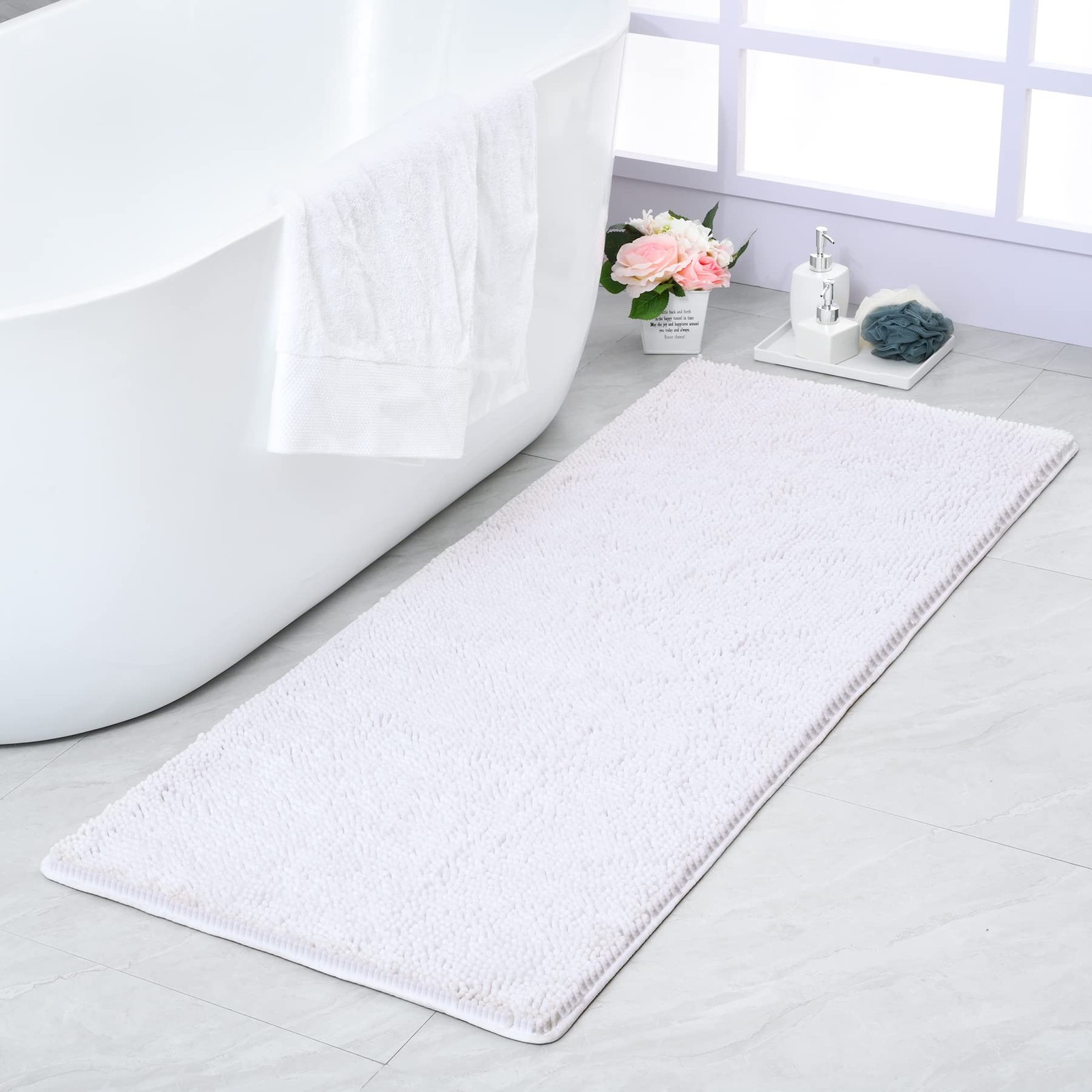 White Large Runner Bathroom Rug 24×70 Inch Soft Luxury Chenille Non Slip