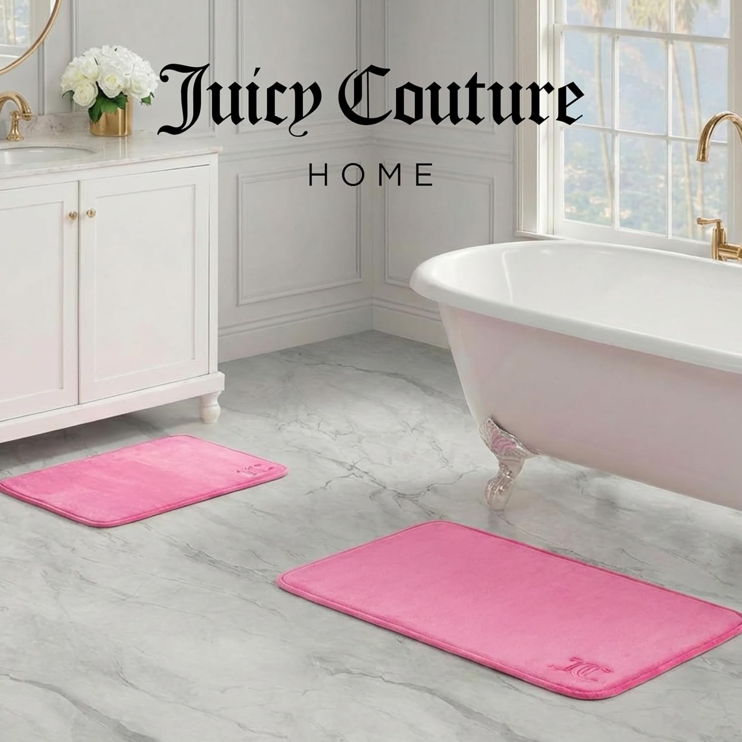 Quilted Memory Foam Bath Mat, 20″ x 32″ Ribbon Border Hot Pink Skid-Resistant…