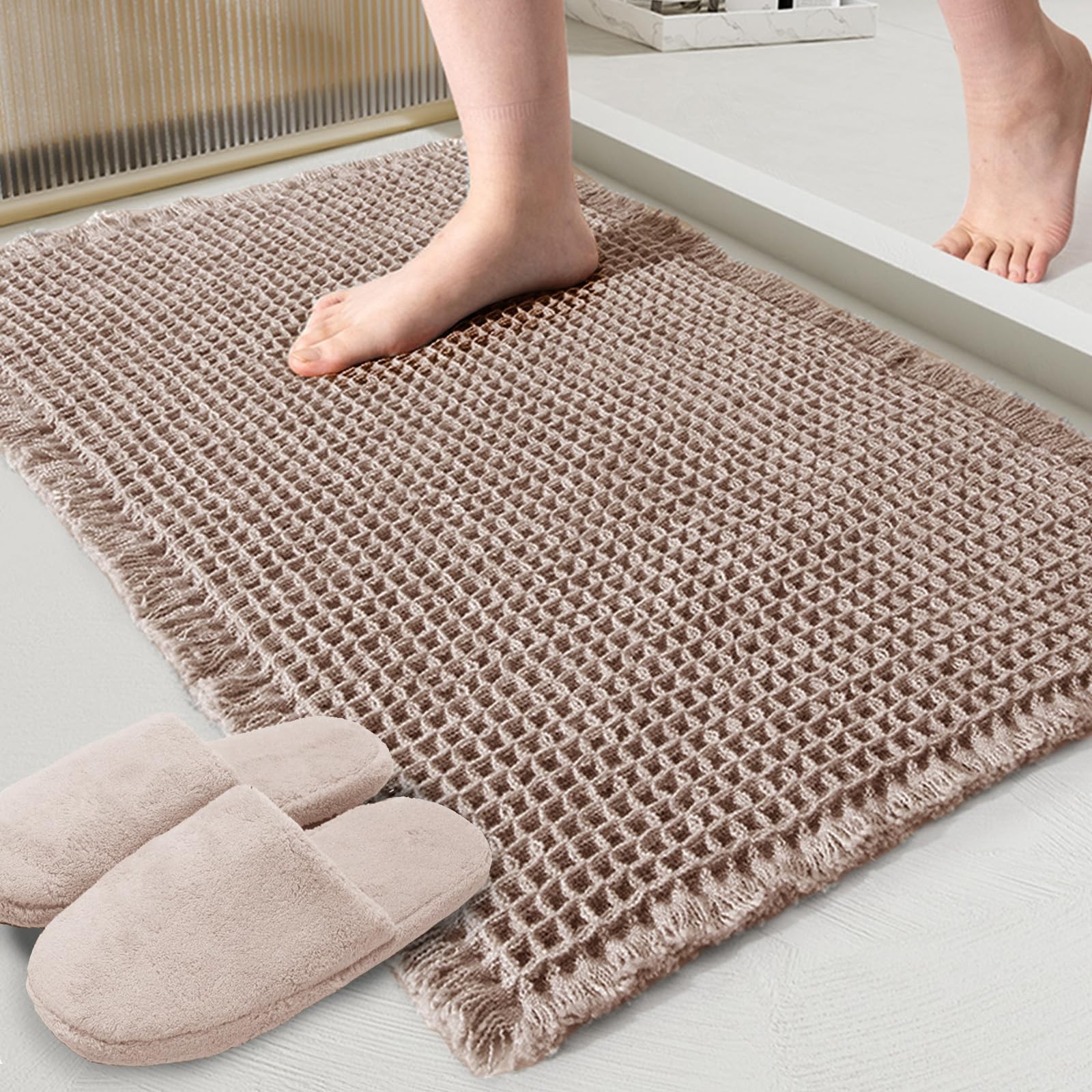 Tan Waffle Bath Mat,Super Absorbent Non Slip Bathroom Rug,Brown 18x30inch,Mac…