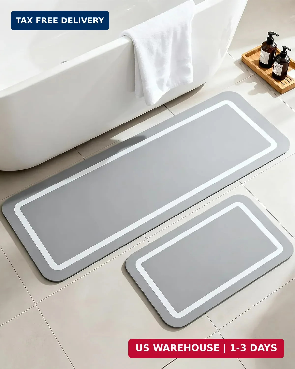 Soft Diatomaceous Earth Bath Mat, Quick Dry Bathroom Mats 2 Piece, Gray Super Ab